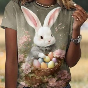 Vintage Easter Rabbit Eggs Animal Crew Neck Short Sleeve T-shirt, T-shirts, color:Coffee|size:4XL, catalog Noracora shop