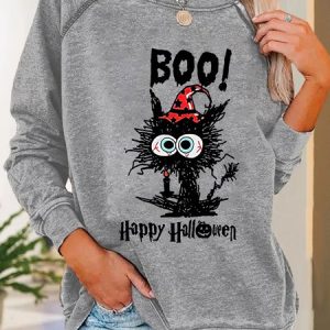 Women Cat Mom Boo Happy Halloween Crew Neck Sweatshirt, Hoodies&Sweatshirts, Lilicloth.com
