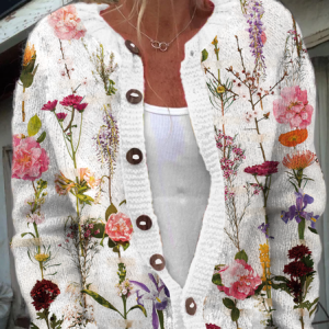 Casual Crew Neck Plants Floral Knitted Cardigan, Cardigans, Lilicloth.com