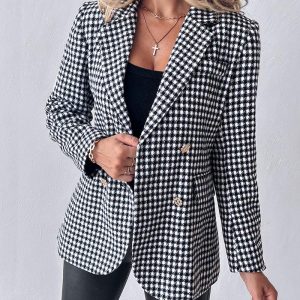 Houndstooth Pattern Notched Collar Double Breasted Coat Casual Flap Pockets Design Blazer Coat With Belt, women blazer, ChicMe catalog