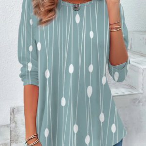 Women's Striped Print Casual Round Neck Tunic T-Shirt, Long sleeves, Lilicloth.com