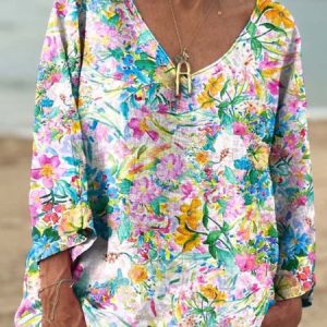 Women's Floral Art Print Casual V Neck Long Sleeve Comfort Cotton T-Shirt Regular price, Long sleeves, Lilicloth.com