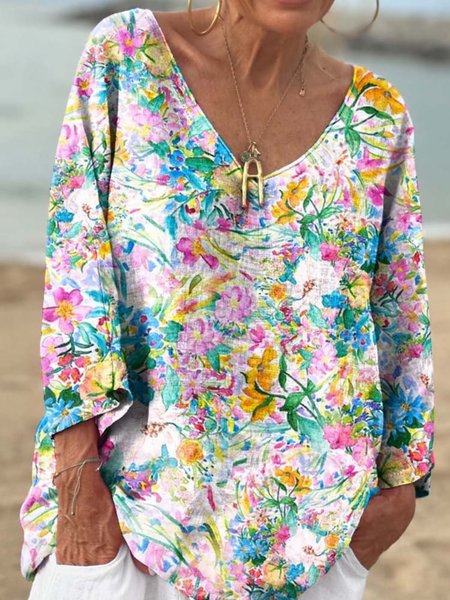 Women's Floral Art Print Casual V Neck Long Sleeve Comfort Cotton T-Shirt Regular price, Long sleeves, Lilicloth.com