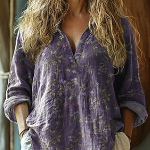 Women's vintage floral print casual long sleeve comfortable cotton V-neck shirt, Blouses, Lilicloth.com