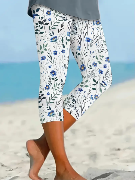 Women's Trousers Elastic Waist Legging Daily Going Out Casual Printing Floral Summer Pants, JustFashionNow Leggings, color:White|size:XXL,