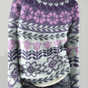Flower patterned Icelandic round neck knitted sweater, Sweaters, Lilicloth.com