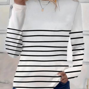 Women's Long Sleeve Tee T-shirt Spring/Fall Striped Printing Crew Neck Casual Graphic Tee Top, JustFashionNow T-Shirts, color:White|size:3XL