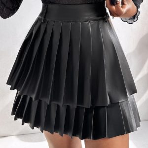 PU Leather Above Knee High Waist Pleated Skirt Casual Skirt, women Skirts, ChicMe catalog
