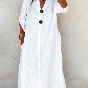 V-Neck Long Sleeve Pullover Front Wooden Button A-Line Casual Shirt Dresss, women Shirt Dresses, ChicMe catalog