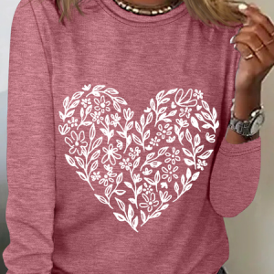 Valentine's Day Floral Heart Casual Long Sleeve Shirt, Long sleeves, Lilicloth.com