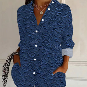Women's Long Sleeve Shirt Spring/Fall Floral Buckle Shirt Collar Daily Going Out Casual Top, JustFashionNow Shirts, color:Purplish Blue|size:3XL,