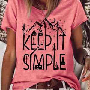 Women's Keep It Simple Camping Letter Casual Short Sleeve T-Shirt, T-shirts, Lilicloth.com