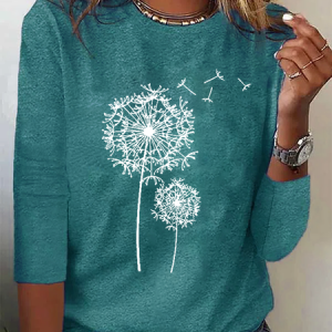 Women‘s Cotton-Blend Simple Crew Neck Dandelion Long Sleeve Top, Long sleeves, Lilicloth.com