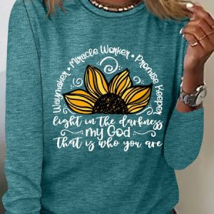 Women's Waymaker Sunflower Cotton-Blend Simple Text Letters Long Sleeve Top, Long sleeves, Lilicloth.com