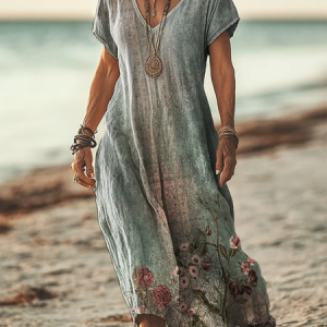 Women's Short Sleeve Summer Floral Printing Dress V Neck Daily Going Out Casual Maxi T-Shirt Dress H-Line Dress, JustFashionNow Casual Dresses, color:Green|size:4XL,