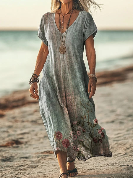 Women's Short Sleeve Summer Green Floral Printing V Neck Daily Going Out Casual Maxi Dress, Dresses, Lilicloth.com