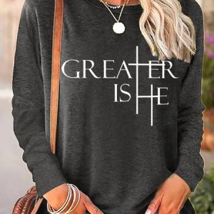 Greater Is He Cross Women's Long Sleeve T-Shirt, Long sleeves, Lilicloth.com