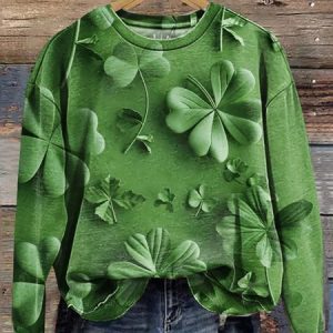 Women's St Patricks Day Four-leaf Clover Print Long Sleeve Crew Neck Floral Sweatshirt, JustFashionNow Sweatshirts & Hoodies, color:Green|size:XXL,