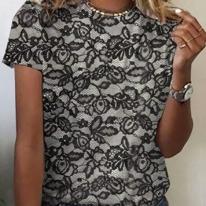 Women's Short Sleeve Tee T-shirt Summer Floral Jersey Crew Neck Daily Going Out Casual Top, JustFashionNow T-Shirts, color:Black|size:XXL