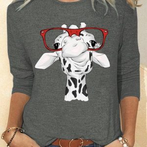 Casual Loose Cotton-Blend Deer T-Shirt, Long sleeves, Lilicloth.com