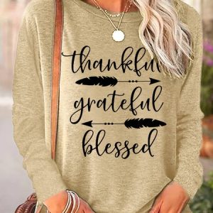 Womens Thankful Grateful Blessed Crew Neck Cotton-Blend Top, Long sleeves, Lilicloth.com