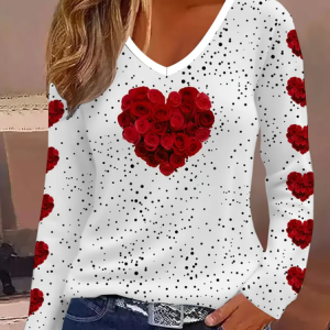 Women's Long Sleeve Tee T-shirt Spring/Fall Polka Dots Printing V Neck Casual Top, JustFashionNow T-Shirts, color:White|size:XXL