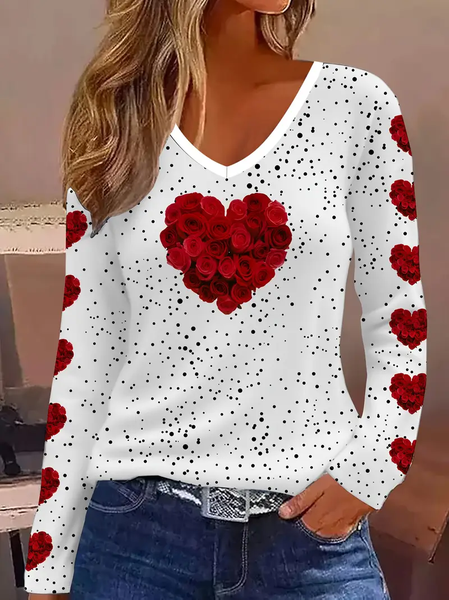 Women's Long Sleeve Tee T-shirt Spring/Fall Polka Dots Printing V Neck Casual Top, JustFashionNow T-Shirts, color:White|size:XXL,