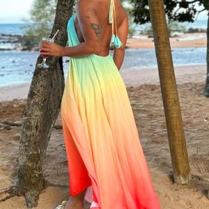 Ombre Print Halter Sleeveless Maxi Dress Casual Hollow-out Pleated Vacation Dress, women Midi Dresses, ChicMe catalog