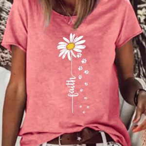 Women's Faith Daisy Paw Print Casual Crew Neck Letters T-Shirt, T-shirts, Lilicloth.com