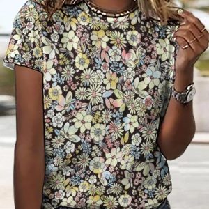 Women's Floral Crew Neck Simple T-Shirt, T-shirts, Lilicloth.com