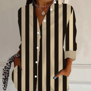 Women's Long Sleeve Shirt Spring/Fall Striped Shirt Collar Daily Going Out Casual Top, JustFashionNow Shirts, color:As Picture|size:XXL,