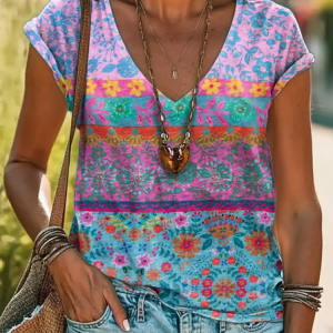 Casual Floral V Neck Short Sleeve T-shirt, T-shirts, color:As Picture|size:XXL, catalog Noracora shop