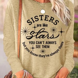 Women's Funny Word Sisters Are Like Stars Regular Fit Cotton-Blend Simple Long Sleeve Top, Long sleeves, Lilicloth.com