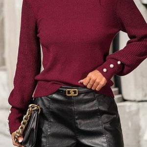 Women's Spring/Fall Plain Casual Long Sleeve Mock Neck Sweater, JustFashionNow Sweaters, color:Wine Red|size:XL,
