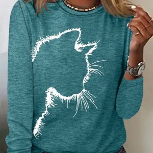 Women's Cute Cat Print Casual Crew Neck Top, Long sleeves, Lilicloth.com