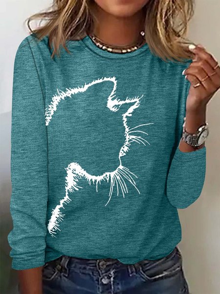 Women's Cute Cat Print Casual Crew Neck Top, Long sleeves, Lilicloth.com