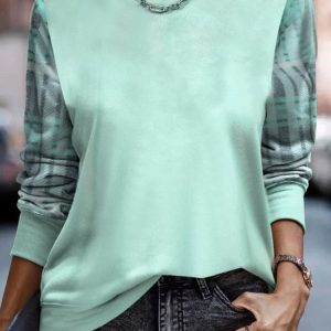 Vintage Crew Neck Plaid Sweatshirt Split Joint, Hoodies & Sweatshirts, color:Lightgreen|size:XXL, catalog Noracora shop