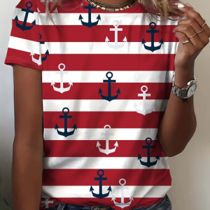 Women's Short Sleeve Tee T-shirt Summer Striped Printing Crew Neck Casual Graphic Tee Top, JustFashionNow T-Shirts, color:Red|size:XXL
