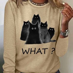 Women's Black Cat What Simple Regular Fit Text Letters Long Sleeve Top, Long sleeves, Lilicloth.com