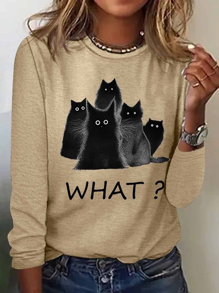 Women's Black Cat What Simple Regular Fit Text Letters Long Sleeve Top, Long sleeves, Lilicloth.com