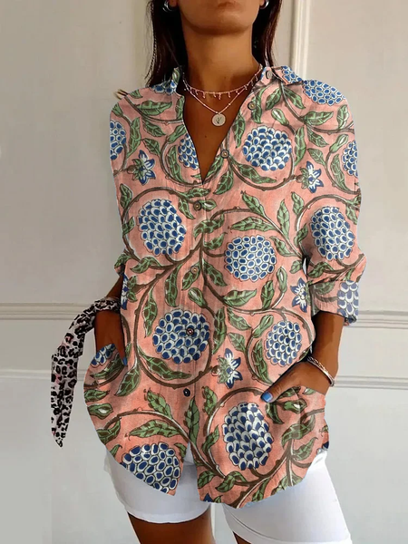 Women's Long Sleeve Shirt Spring/Fall As Picture Floral Buckle Shirt Collar Daily Going Out Casual Top, Blouses, Lilicloth.com