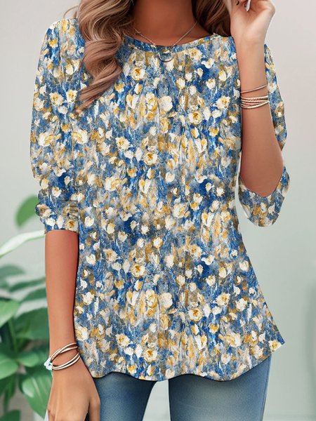 Abstract Floral Printed Long Sleeve Casual T-shirt, Long sleeves, Lilicloth.com