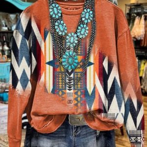 Blue Aztec Print Casual Sweatshirt, Hoodies&Sweatshirts, Lilicloth.com