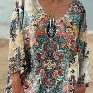 Women's Vintage Print Casual V-neck Long Sleeve Comfortable Cotton T-shirt, Long sleeves, Lilicloth.com