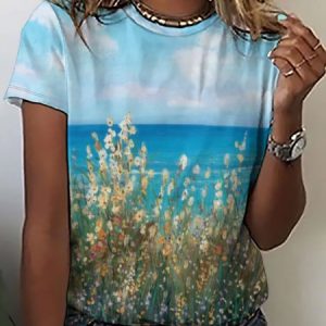 Women's Casual Abstract Landscape Print Crew Neck T-Shirt, T-shirts, Lilicloth.com