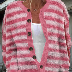 Pink Breast Cancer Awareness 3D Printing Striped Crew Neck Knitted Casual Cardigan, Cardigans, Lilicloth.com