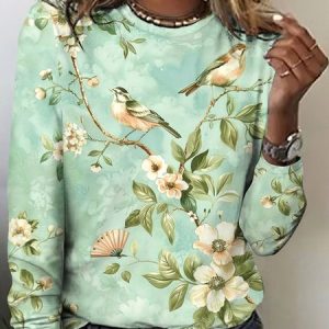 Casual Floral Birds Art Print Crew Neck Long Sleeve T-shirt, T-shirts, color:Lightgreen|size:5XL, catalog Noracora shop