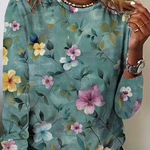 Women's Vintage Art Floral Print Cotton T-Shirt, Long sleeves, Lilicloth.com