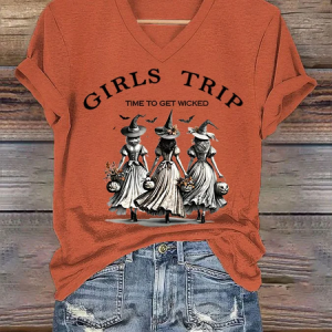 Women's Funny Halloween Witch Girls Trip Time To Get Wicked Casual V-Neck T-Shirt, T-shirts, Lilicloth.com