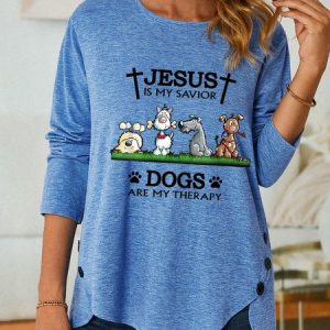Women Funny Dog Jesus Is My Savior Dogs Are My Therapy Simple Top, Long sleeves, Lilicloth.com